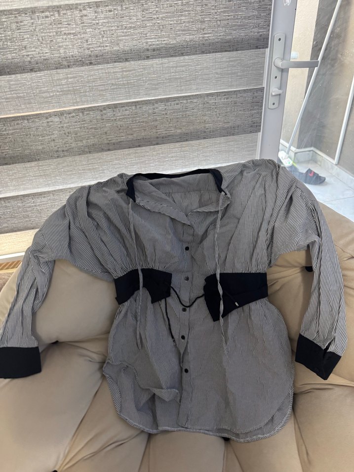 Gri Kemerli Kadın Keten Midi Gömlek - Görsel 2