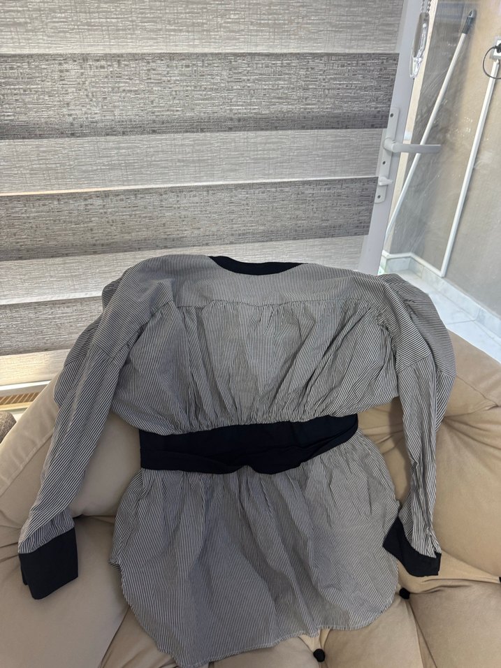 Gri Kemerli Kadın Keten Midi Gömlek - Görsel 5