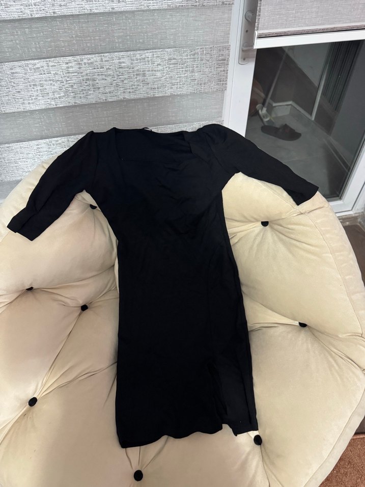 Drapeli Siyah Hamile Midi Elbise - Görsel 4