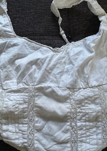 Bershka Dantel Detaylı Beyaz Keten Büstiyer - Görsel 4