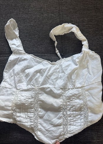 Bershka Dantel Detaylı Beyaz Keten Büstiyer - Görsel 5