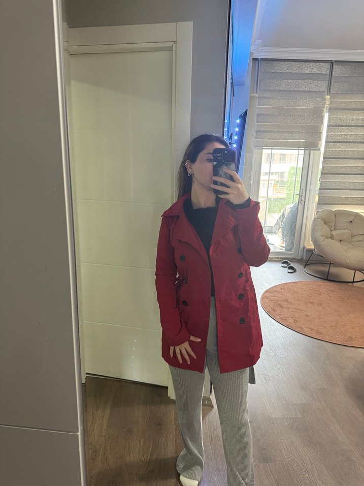 Kırmızı Kadın Süet Midi Trençkot - Görsel 2