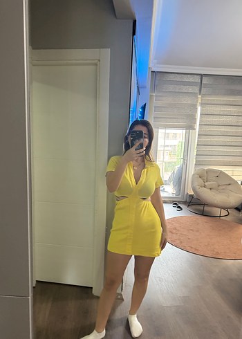 Sarı Şeffaf V Yakalı Mini Elbise - Görsel 5