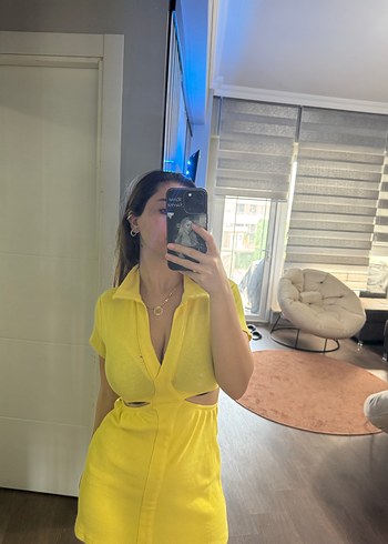 Sarı Şeffaf V Yakalı Mini Elbise - Görsel 9