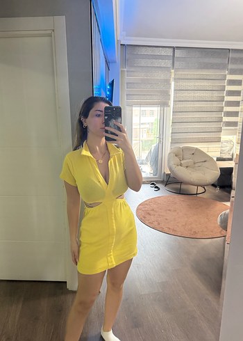 Sarı Şeffaf V Yakalı Mini Elbise - Görsel 2