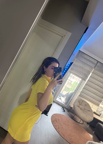 Sarı Şeffaf V Yakalı Mini Elbise - Görsel 6