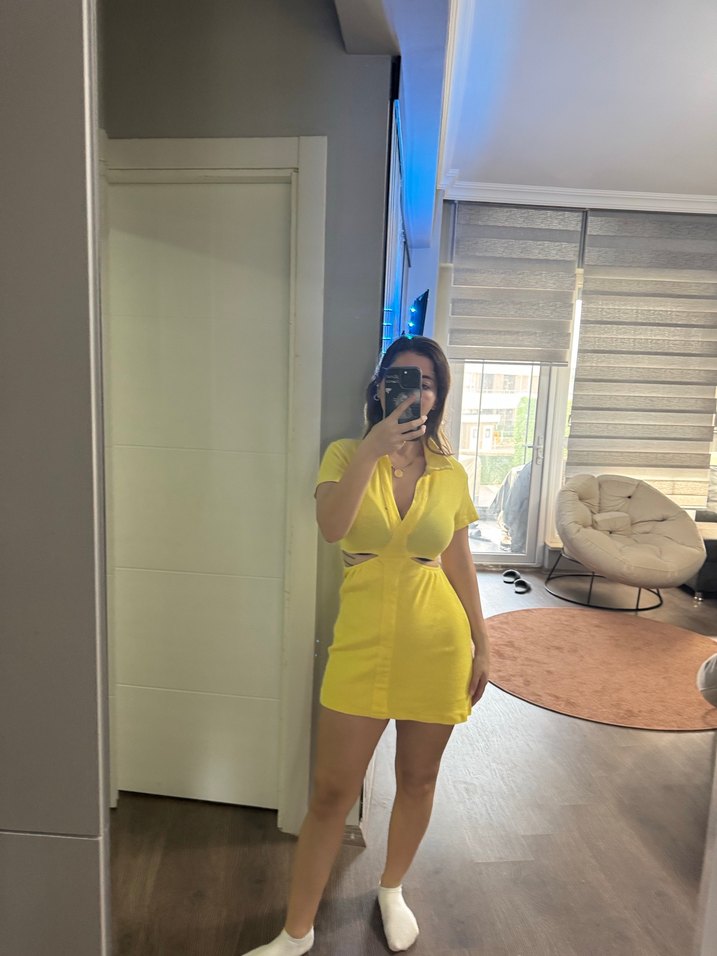 Sarı Şeffaf V Yakalı Mini Elbise - Görsel 5