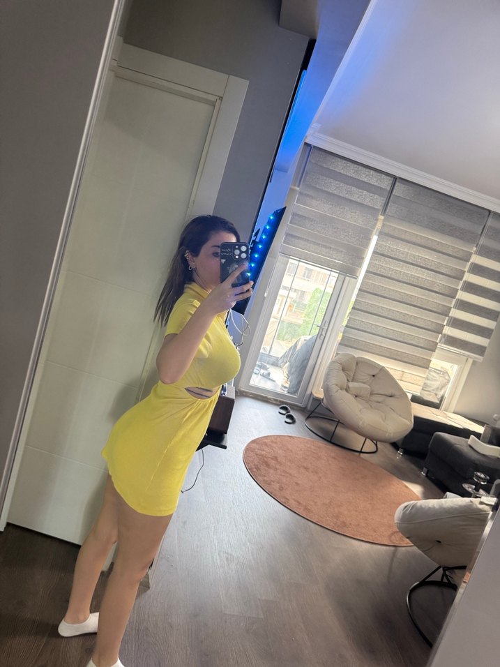 Sarı Şeffaf V Yakalı Mini Elbise - Görsel 3