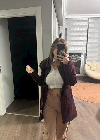 Bordo Süet Düğmeli Kadın Midi Ceket - Görsel 15