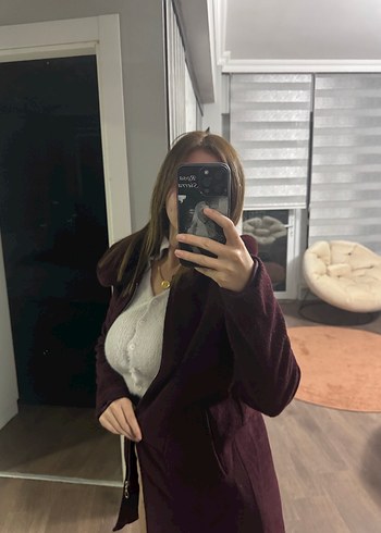 Bordo Süet Düğmeli Kadın Midi Ceket - Görsel 14