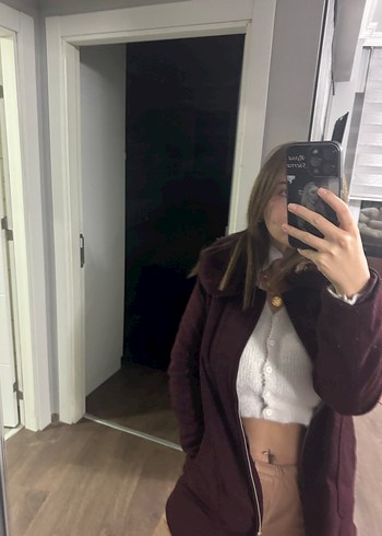 Bordo Süet Düğmeli Kadın Midi Ceket - Görsel 5