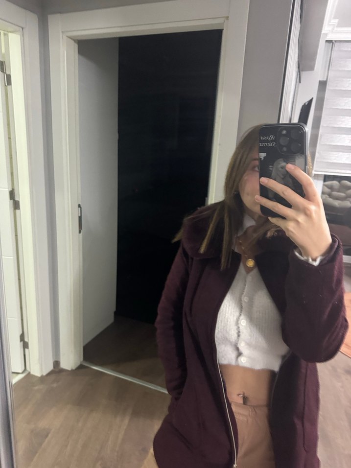 Bordo Süet Düğmeli Kadın Midi Ceket - Görsel 5