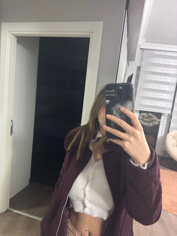 Bordo Süet Düğmeli Kadın Midi Ceket - Görsel 4