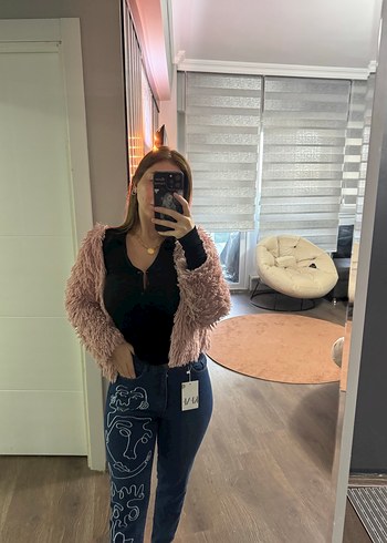 Kahverengi Tüylü, Batik Desenli Bol Kesim Kadın Kot Pantolon - Görsel 4