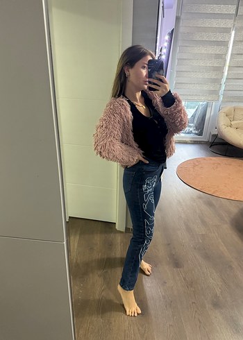 Kahverengi Tüylü, Batik Desenli Bol Kesim Kadın Kot Pantolon - Görsel 3