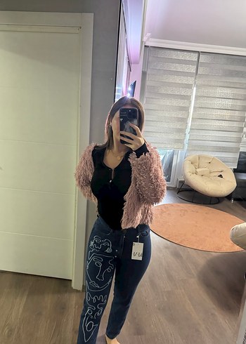 Kahverengi Tüylü, Batik Desenli Bol Kesim Kadın Kot Pantolon - Görsel 7