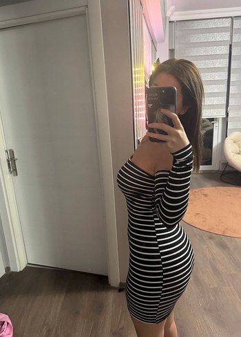 Siyah Çizgili Mini Transparan Elbise - Görsel 5