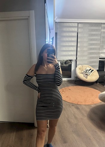 Siyah Çizgili Mini Transparan Elbise - Görsel 2