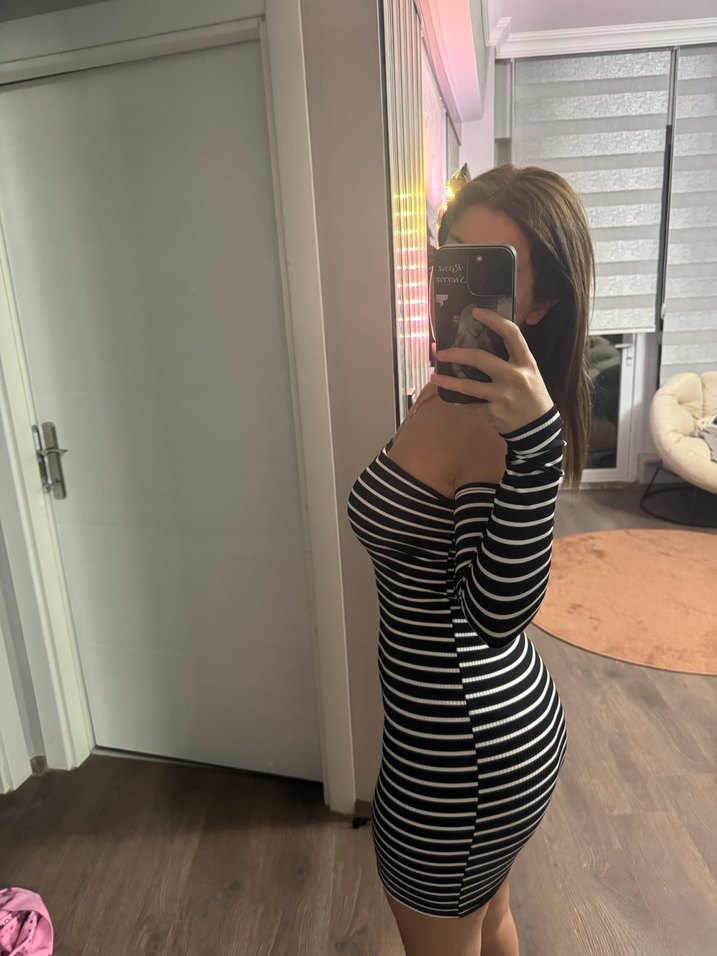 Siyah Çizgili Mini Transparan Elbise - Görsel 5