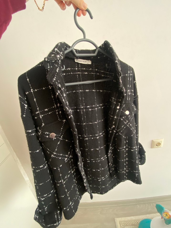 Düğmeli Siyah Kareli Midi Kadın Ceket - Görsel 3