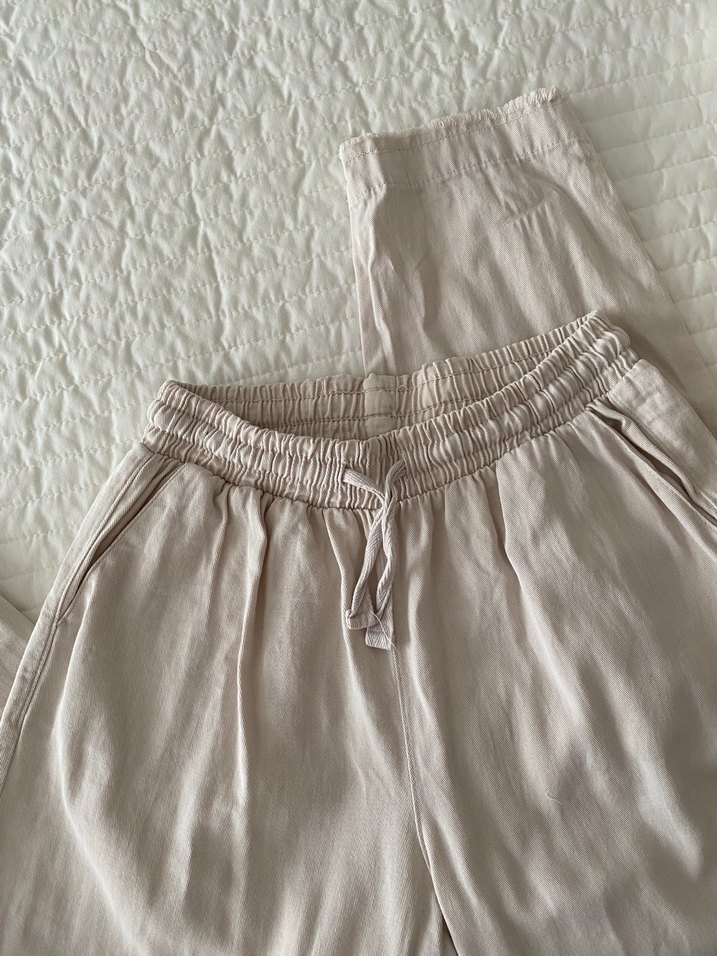 Bej Keten Rahat Kesim Midi Kadın Pantolon - Görsel 5