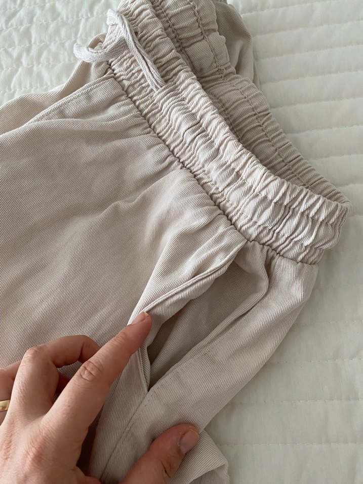 Bej Keten Rahat Kesim Midi Kadın Pantolon - Görsel 3