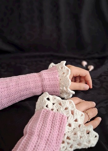 Dantel Detaylı Pembe Örgü Kadın Eldiveni - Görsel 2