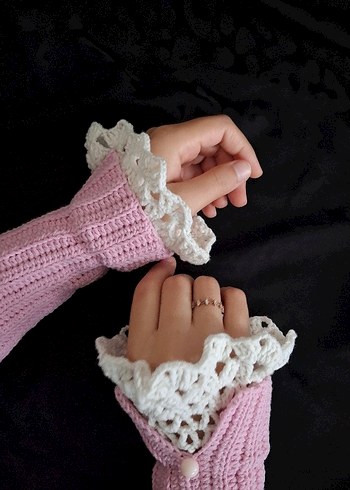 Dantel Detaylı Pembe Örgü Kadın Eldiveni - Görsel 4