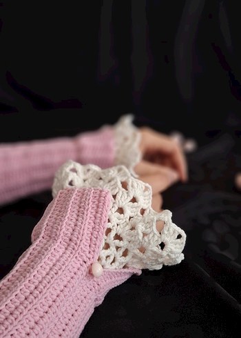 Dantel Detaylı Pembe Örgü Kadın Eldiveni - Görsel 3