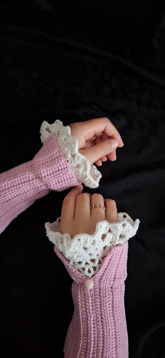 Dantel Detaylı Pembe Örgü Kadın Eldiveni - Görsel 4