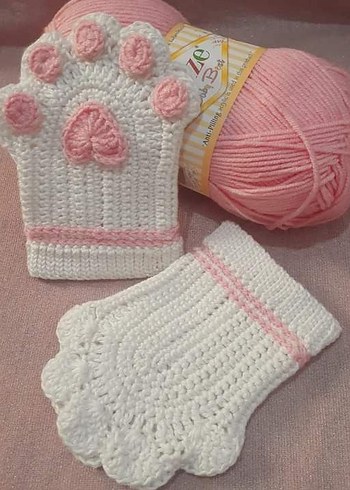 Pembe Beyaz Örgü Kadın Eldiven - Görsel 2