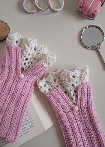 Dantel Detaylı Pembe Örgü Kadın Eldiven - Görsel 2