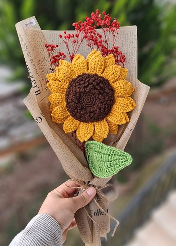 El Yapımı Kroşe Ayçiçeği Buketi - Görsel 2