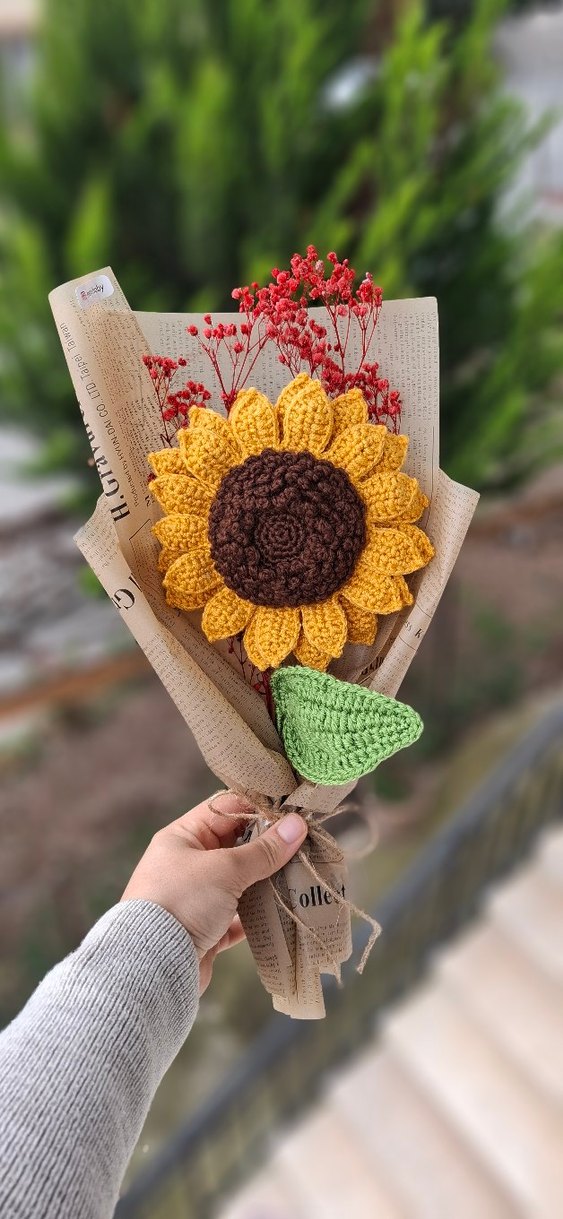 El Yapımı Kroşe Ayçiçeği Buketi - Görsel 2