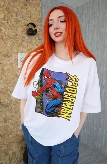 Beyaz Spiderman Baskılı Oversize Unisex T-shirt