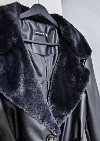 Kürk Detaylı Siyah Deri Uzun Kadın Kaban - Görsel 4