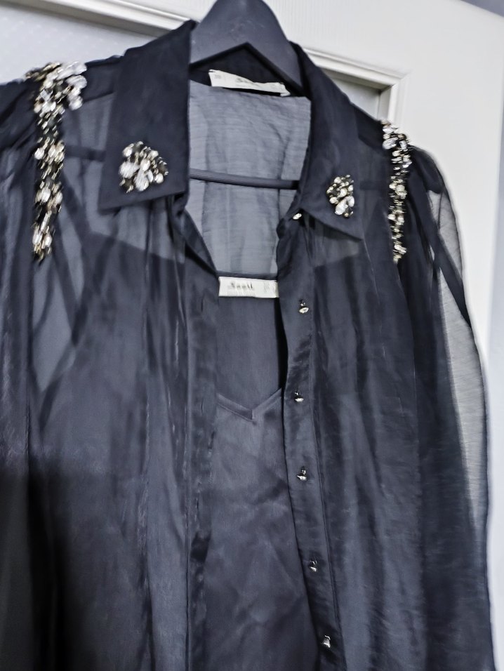 Siyah, Nakışlı , Uzun Kollu , abiye Bluz - Görsel 4