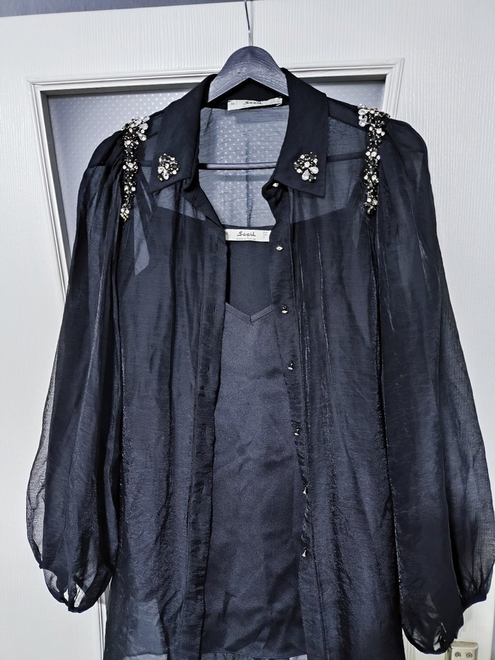 Siyah, Nakışlı , Uzun Kollu , abiye Bluz - Görsel 3