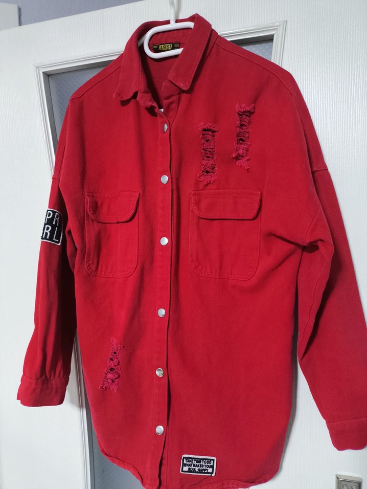 Kırmızı Düğmeli Uzun Kollu Kadın kot Ceket - Görsel 2