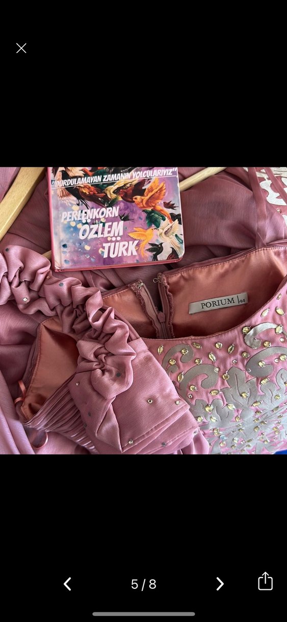 Pembe İşlemeli Uzun Drapeli Kadın Abiye - Görsel 5