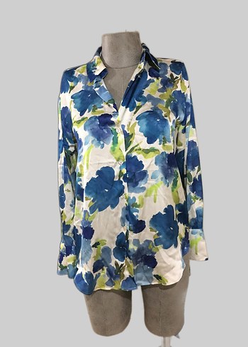 Zara Mavi Batik Desenli V Yaka Kadın Gömlek