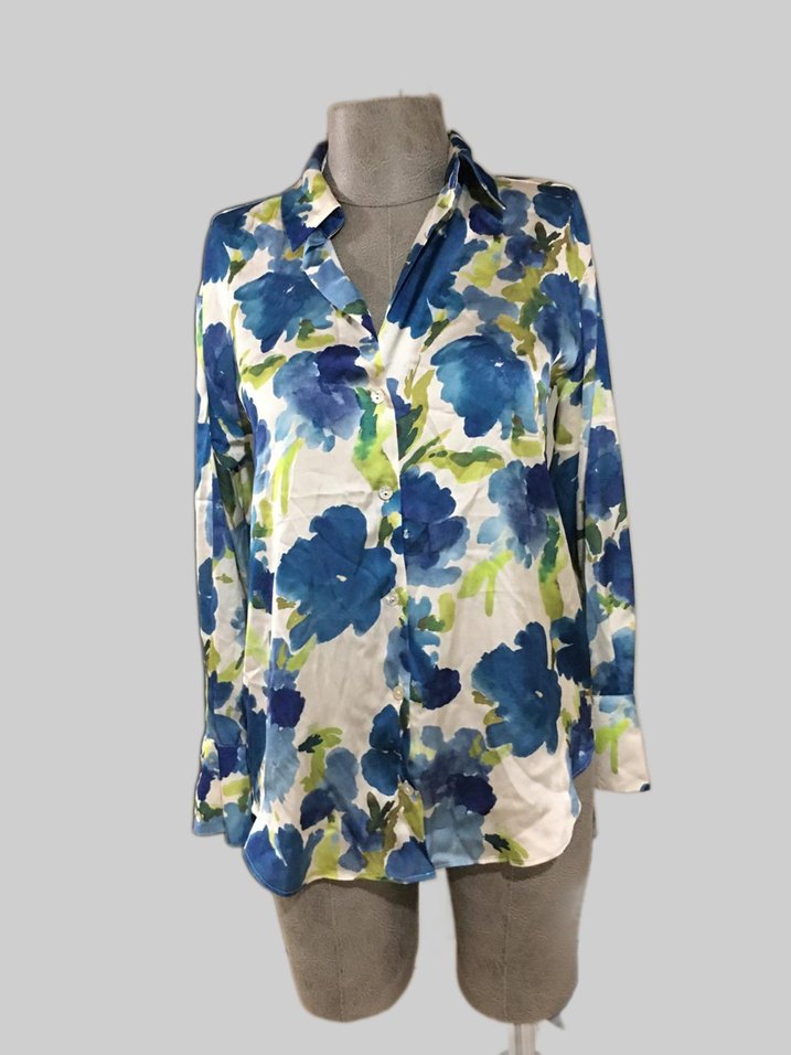 Mavi Batik Desenli V Yaka Kadın Gömlek - Görsel 2