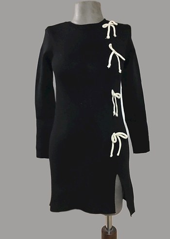 Siyah Triko Mini Elbise Fiyonk Detaylı - Görsel 2