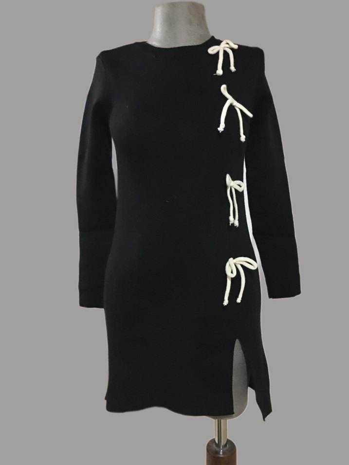 Siyah Triko Mini Elbise Fiyonk Detaylı - Görsel 2