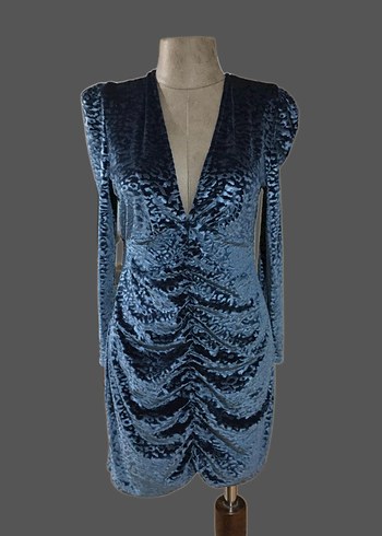 Kadın Mavi V Yakalı Midi Drapeli Elbise - Görsel 2