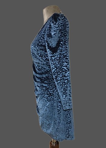 Kadın Mavi V Yakalı Midi Drapeli Elbise - Görsel 5