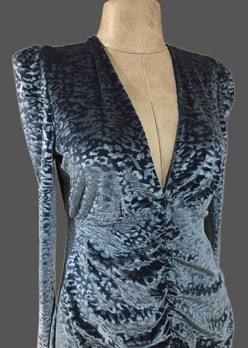 Kadın Mavi V Yakalı Midi Drapeli Elbise - Görsel 3