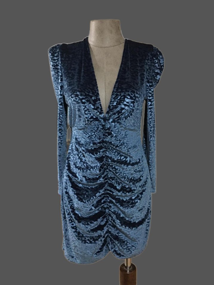 Kadın Mavi V Yakalı Midi Drapeli Elbise - Görsel 2