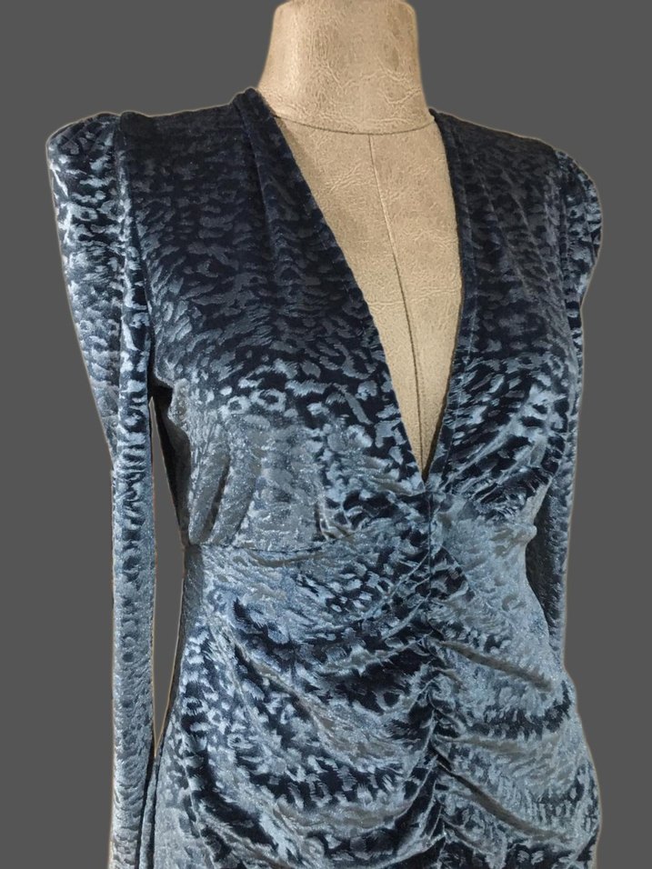 Kadın Mavi V Yakalı Midi Drapeli Elbise - Görsel 3