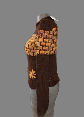 Bohem Nakışlı Kahverengi Kısa Kazak - Görsel 2